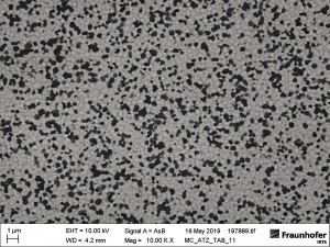 Keramik-Gefüge einer ATZ-Dispersions-Keramik unter dem Mikroskop. Die gleichmäßige Verteilung der Partikel ist entscheidend für Qualitätseigenschaften wie Festigkeit und Langlebigkeit der Prothese