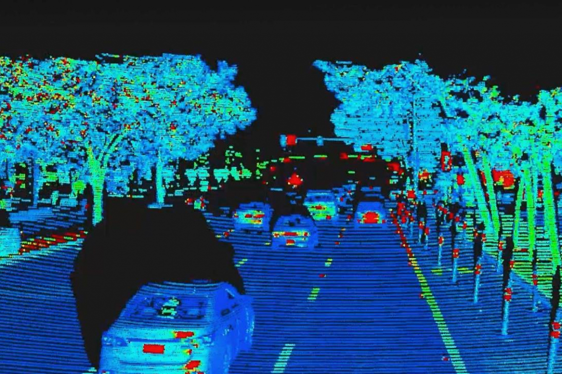 Verkehrssituation aus Sicht eines Light Detection and Ranging Sensors (LiDAR) auf Basis eines 1550 nm Lasers