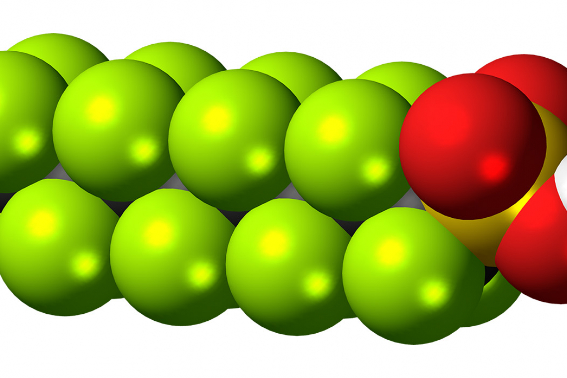 3D-Modell eines Perfluoroctansulfonsäure-Moleküls (PFOS) (Bild: Jynto/CC 1.0)