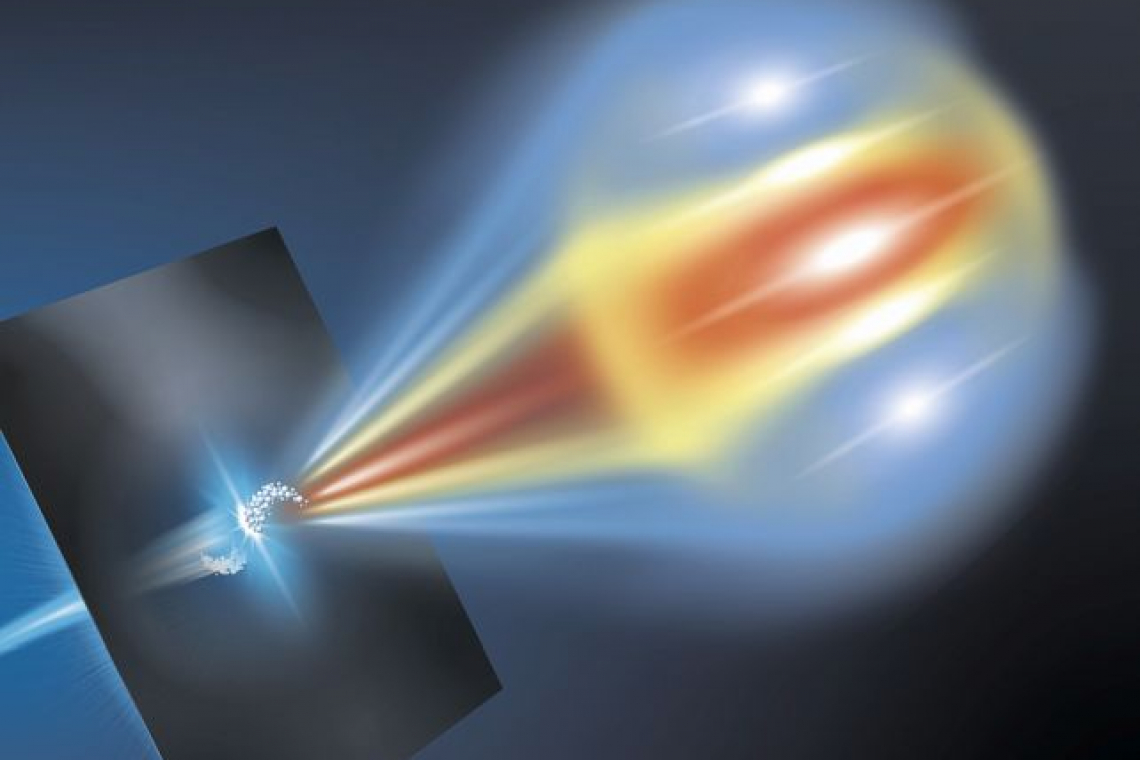 Ein Elektronenstrahl durchdringt eine Metallfolie  und erzeugt dabei Übergangsstrahlung, die für jede Wellenlänge Informationen zur Strahlstruktur liefert - (Foto: HZDR / Blaurock)