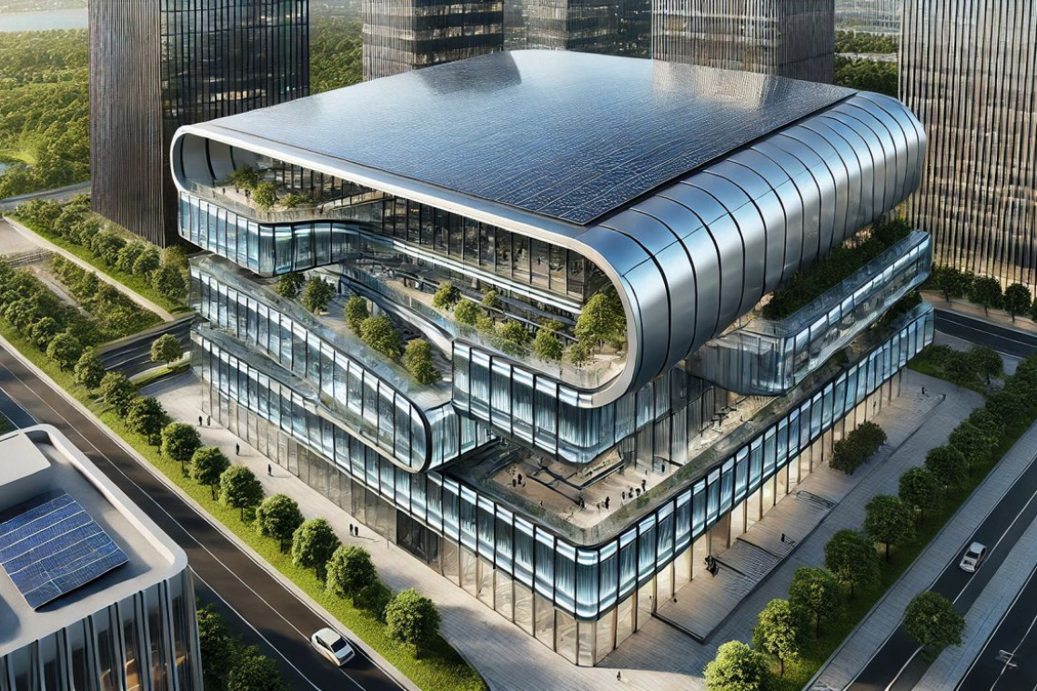 Futuristisches Gebäude mit Perowskit-Solarzellen auf dem Dach und integrierter organischer Photovoltaik an den gekrümmten Fassaden - (Foto: KI-generiert)