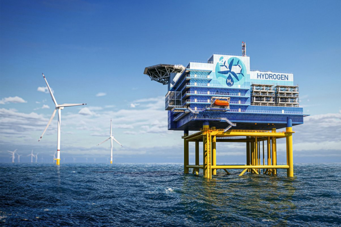 Abb. 3: Die Illustration visualisiert eine mögliche Produktionsplattform für Offshore-Wasserstoff. Hintergrundinfo: https://idw-online.de/de/ news853540 (Foto: Helmholtz-Zentrum Hereon / Aquaventus Förderverein e.V.)