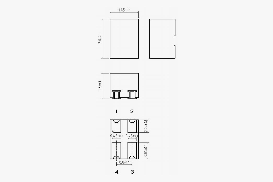 Abmessungen des neuen Gehäuses S-VSON4T (1,45 mm × 2,0 mm × 1,3 mm) – Vier Pins