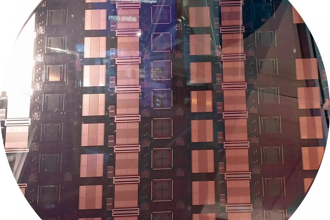 Wafer vom sächsischen 3D-Chipzentrum Assid mit Schaltkreisen, die mikrofluidische Verbindungen enthalten