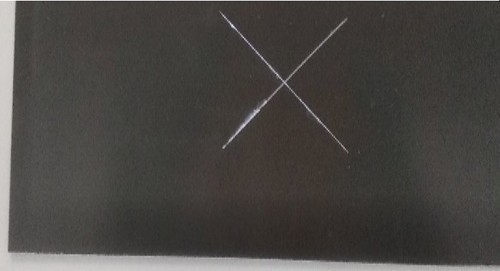 Fig. 8: Panel treated with Acid pickling + Thin SAA (3 μm) + e-coating (20 μm) after 1000 h in NSS with scribe (ISO 9227)