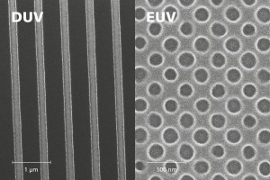 Die Nanostrukturen mit 300 nm (links, DUV) und 28 nm (rechts, EUV) half-pitch (HP) – die weltweit kleinsten Strukturen, generiert mit laborbasierter EUV-Quelle.