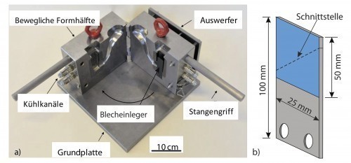 Abb. 2: a) Ölgekühlte Verbundkokille für die Umgießversuche, b) Geometrie des beschichteten Stahleinlegers