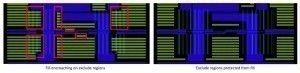 Abb. 4: (a) Füllung in den ausgeschlossenen Bereichen in der Nähe empfindlicher Netze, (b) Füllung, die mit dem kombinierten Calibre PERC/Calibre YieldEnhancer erzeugt wird, der das Eindringen in die kritischen Netze verhindert