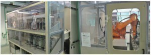 Abb. 6: Links: Bediener-seitiger Zugang zum Labor-Roboter, Badbehälter, rechts Roboter im Beschichtungslabor, sicherer Arbeitsraum