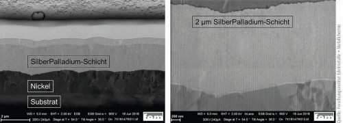 Abb. 4: FIB-Schnitte des Schichtaufbaus (Substrat/Nickel/Flash-Gold/Silber-Palladium) (links) mit Ausschnittsvergrößerung der Silber-Palladiumschicht im Ausgangszustand (rechts)