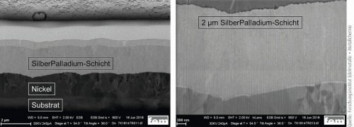 Abb. 4: FIB-Schnitte des Schichtaufbaus (Substrat/Nickel/Flash-Gold/Silber-Palladium) (links)  mit Ausschnittsvergrößerung der Silber-Palladiumschicht im Ausgangszustand (rechts)