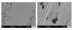 Abb. 12: REM-Oberflächenaufnahmen einer Ag-Grafit-Reibspur 