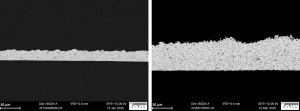 Abb. 2:  Querschliffaufnahmen von Ag-Grafit-Dispersionsschichten abgeschieden mit a) Gleichstrom 0,8 A/dm2, 120 g/l Grafit,  Einbaurate 6,6 Vol.% und  b) Pulsstrom  (Reverse-Pulse-Plating), 160 g/l Grafit,  Einbaurate 9,5 Vol.%