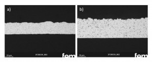 Abb. 4: Querschliffaufnahmen von Ag-hBN-Dispersions- schichten: a) Partikelgröße 1 µm, Konzentration 50 g/l,  Einbaurate 9 Vol.%; b) Partikelgröße 3,5 µm, Konzentration 100 g/l, Einbaurate 7,3 Vol.%