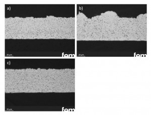 Abb. 5: Ag-hBN-Dispersionsschichten (d50 = 3,5 µm) mit a) cyanidischem Elektrolyten und Netzmittel Lutensol At-25, b) Heliofab-Elektrolyt und Standardnetzmittel und c) cyanidischer Elektrolyt ohne Netzmittel, plasmamodifizierte hBN-Partikel