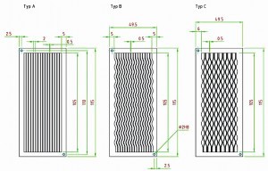 Abb. 2: Verschiedene Designs zur Herstellung verschiedener Mikrostrukturen mittels Laserschneiden. Links: gerade Kanäle,  Mitte: wellenförmige Kanalstrukturen, rechts: Mikrokanäle mit periodischen Erweiterungen und Verengungen