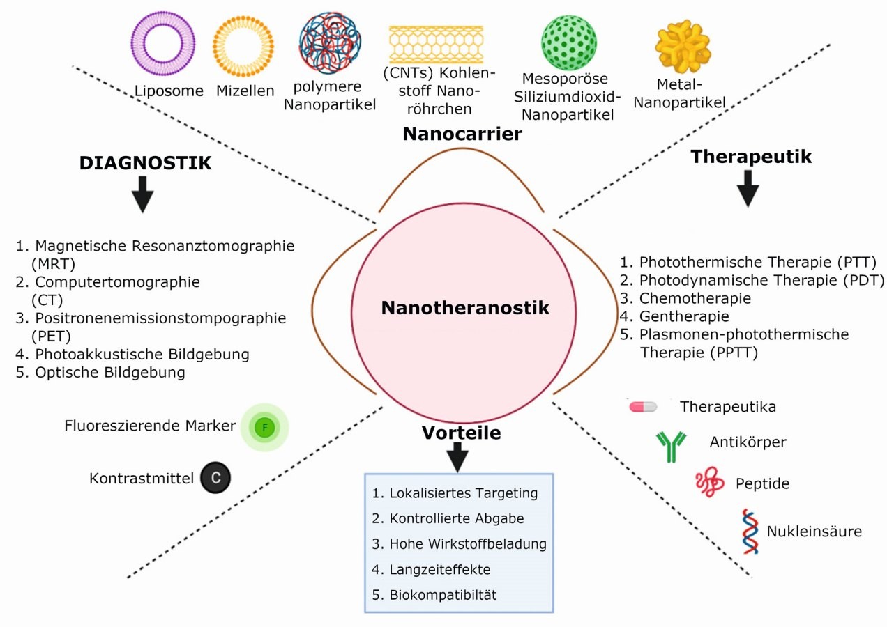 Schematischer Überblick über das Konzept der Nanotheranostik, welches die Verwendung von technisch hergestellten Nanomaterialien  sowohl für diagnostische als auch therapeutische Module durch eine einzige Plattform vorsieht (übersetzt von [1])