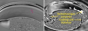 Abb. 12: Bildvergleich US-Sensor-Flansch-Ringe mit LASER-Shearography-Methode  (links – original unbenutzt, rechts – nach ca. 2,3 Jahren in Mischsäure-Einsatz)   