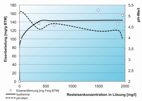 Abb. 5: Sorptionsisotherme mit Streptomyces cinnamoneum für Spülbad in einer Feuerverzinkerei im Schüttler (Rührgeschwindigkeit 100 rpm, Temperatur 20 °C; Untersuchungszeit 40 h) [8]