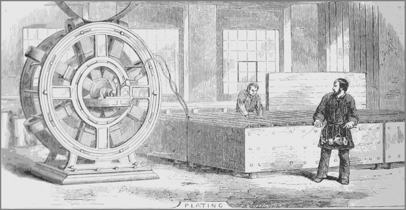 Abb. 4: Illustration aus Messrs. Elkington, Mason & Co‘s Electro-Plate Works, Newhall-Street, Birmingham [7],  “In the illustration in the middle of the ﬁrst page, the vats for plating may be seen to the right of the Magneto-Electric machine”