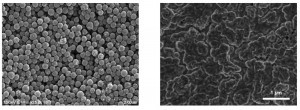 Herkömmliche Tinte mit Nanopartikeln (links) und partikelfreie Tinte im Niederdruckplasma hergestellt (rechts)