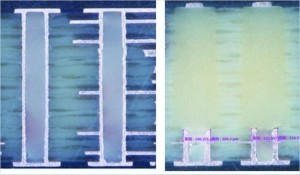 Schnittbilder durch aktuelle Leiterplatten: a. 14-lagig, Basismaterial TU-862 HF (Verlust Standard)