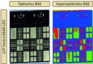 Abb. 4: Ergebnisse einer automatisierten Hyperspektralkamera-Bildauswertung. Die rot hervorgehobenen Bereiche innerhalb anforderungsgemäß metallisierter Flächen lassen sich direkt Schlieren im Probenfoto zuordnen