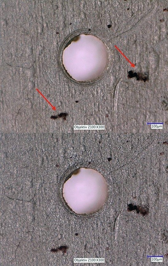 Abb. 11: Mit Versuchsanordnung 2 aufgenommene Bilder nach unterschiedlicher Beschichtungsdauer mit darauf sedimentierten Partikeln (siehe Pfeile)   