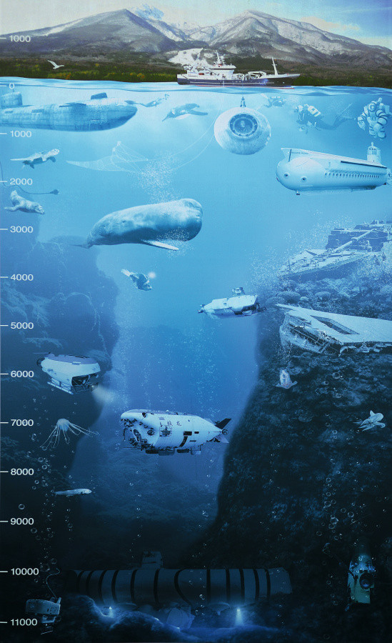 Das Schaubild verdeutlicht die enorme Leistung eines Touristen-U-Bootes: Der Mesoscaph PX-8 kann mit knapp 1500 Metern tiefer tauchen als ein militärisches U-Boot. Noch tiefer schaffen  es Seeelefanten und Pottwale. Piccards Bathyscaph „Trieste“ erreichte den tiefsten Punkt der Meere, den Marianengraben, schon 1960