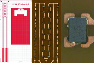 Abb. 6: Layout des RFID-Tags, montierte Daisy-Chain und montierter RFID-Chip (v. l. n. r.)