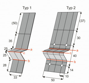 Abb. 16: Geometrie der Winkelbleche Typ 1 (75 cm²) und Typ 2 (100 cm²). Längenangaben in mm, (außerhalb Elektrolyt) nach [1] 