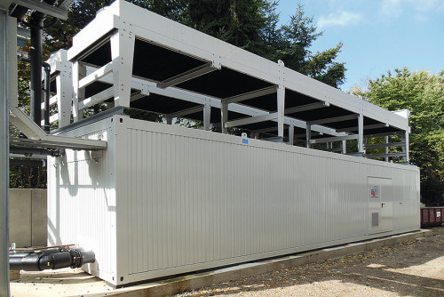 Containerkühlanlage für galvanotechnische Anlagen.  Die Kälteanlagen sind in einem Container installier