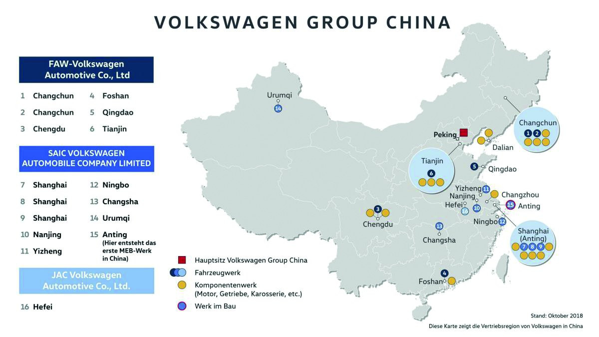 Abb. 3: Die Vernetzung der Volkswagen Group in China. 2021 hat Volkswagen in China mit dem Bau eines neuen MEB-Werks begonnen. Volkswagen Anhui ist das dritte reine E-Auto-Werk des Konzerns in China nach Anting (SAIC VW) und Foshan (FAW VW)  (Bild: VW)