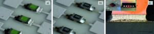 Abb. 5: SMD-Bauteilmontage auf gedruckter Elektronik; Substrat PET: leitgeklebte CR0603 (a), mit SnBiAg-gelötete CR0603 (b) und Schliffbild eines gelöteten DFN; pitch 0,5 mm (c) [1, 2]