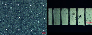 Abb. 4: Ansicht der Mikrobohrungen mit Durchlicht (links) und Längsschnitt der Bohrungen (rechts)
