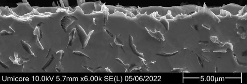 Statistisch regellose Verteilung und Einlagerung der Grafitlamellen in der elektrolytisch abgeschiedenen Silbermatrix, hier zu sehen anhand einer präparierten Schicht im Raster-Elektronen-Mikroskop. Die Silbermatrix wurde hier selektiv zurückgeätzt und die eingebauten Grafitlamellen verbleiben in ihrer Position