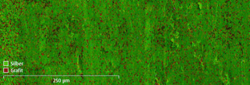 Ein Blick per Elemente-Scan (EDX-Röntgenspektroskopie) auf die Kontakt-Oberfläche zeigt die gleichmäßige und feine Verteilung des Grafits über die Oberfläche