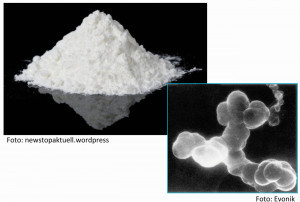 Abb. 8: Titandioxid, das weißeste Weiß,   als Pulver (links oben) und als Nano-Material-REM (rechts unten)