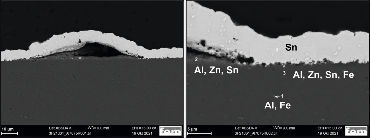 Abb. 8: REM-Querschliffaufnahme einer AlZn5,5MgCu-Probe, Vorbehandlung IPT, Beschichtung SnAg, links: Übersicht, rechts: Detail