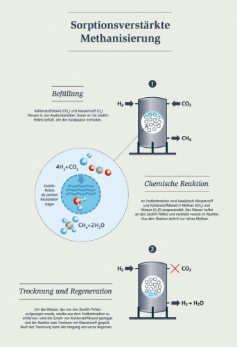 Sorptionsverstärkte Methanisierung: Befüllung, chemische Reaktion und Trocknung und Regeneration (Grafik: Empa)