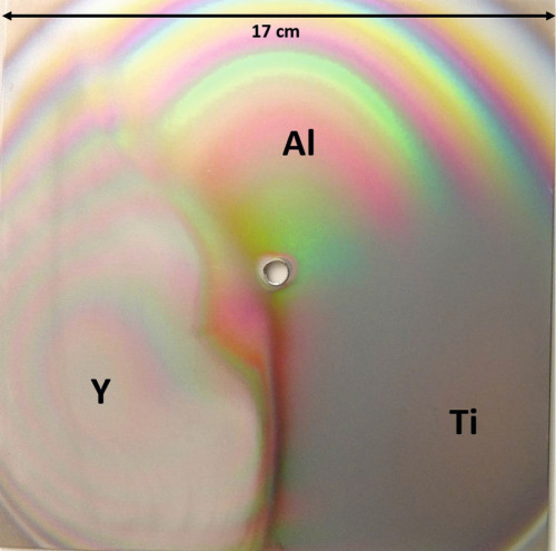 Abb. 3: a) Foto-Aufnahme eines feststehenden 17 cm breiten Substrats bei der gleichzeitigen Abscheidung von Ti, Al und Y in einer Ar/N2-Atmosphäre, b) Foto-Aufnahme einer Niob PVD-beschichteten Vase aus Glas vor (links) und nach dem Anodisieren (blau)