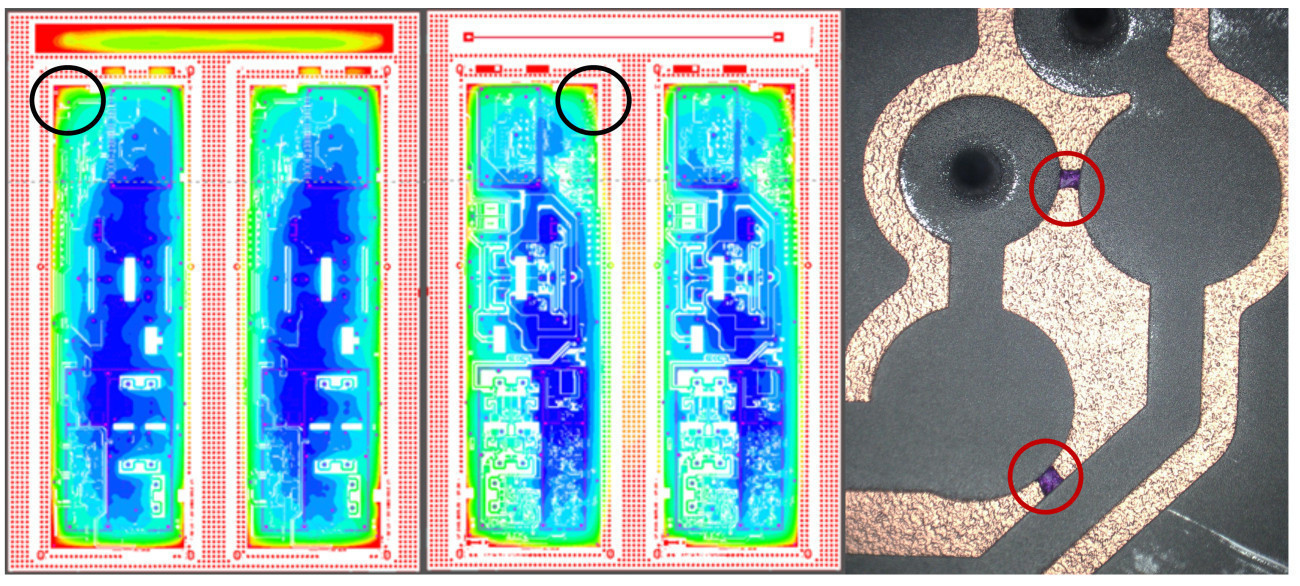 Fig. 7: Left & center – front & back side of a PCB design: improper copper balancing done within a standard PCB design tool, resulting in overplated copper (red surface areas indicated by black circles). Right - shorts (red circles) caused by photoresist residues still pinched after photoresist stripping in SES process.