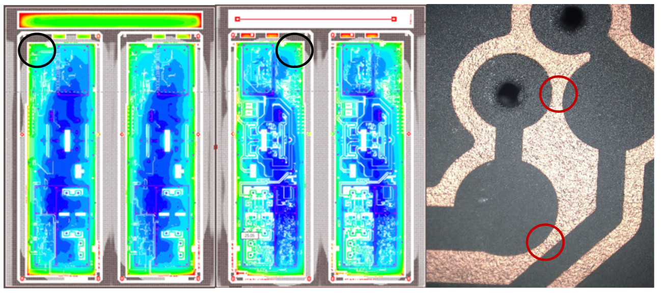 Fig. 8: Left & center – front & back side of a PCB design: proper copper balancing, resulting in an optimal copper thickness (black circles). Right - no copper shorts (red circles) are observed as the copper balancing has been done with a dedicated copper balancing Elsyca PCBBalance software tool.