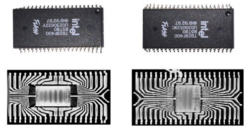 Ein authentischer Flash-Speicher-IC und seine gefälschte Nachbildung