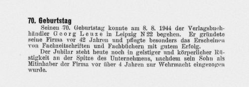 Ein Geburtstagsgruß zum 70. Geburtstag von Eugen G. Leuze im Jahr 1944. Kurz zuvor war das Verlagsgebäude ausgebombt worden