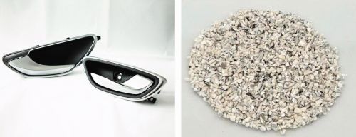 Abbildung 2: Galvanisierte Bauteile im Automobilinnenraum (links); Ausgangsmaterial zum Recycling von Metall und Kunststoff (rechts)