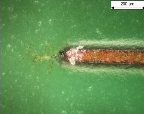 Typische AMP-Pfade an der Anode bei Interdigitalelektroden mit unterschiedlicher Lötstoppmaskenschichtdicke (800 μm/1.000 V, getestet bei 85 °C/85 % r. F.) – a: ca. 60 μm, b: ca. 35 μm)