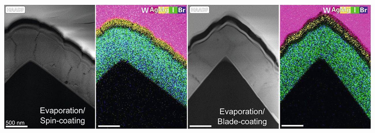 RTEM-Bilder von Perowskit-Silizium-Tandemsolarzellen, die durch Aufdampfen/Spin-Coating oder Aufdampfen/Blade-Coating hergestellt wurden - (Fotos: Fraunhofer ISE)