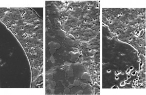 Mikroskopische Aufnahmen von Beton mit „verbrauchter“ Schlacke (Mitte) und konventionellen Aggregaten (links); rohe Schlacke (rechts)
