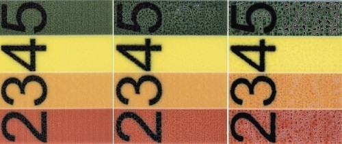 Während kleinere Pigmentstörungen innerhalb der einzelnen Farbflächen (links und Mitte) bis zu einem bestimmten Grad toleriert werden dürfen, werden sie ab einer vordefinierten Schwelle (rechts) zum Ausschusskriterium
